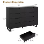 Commode à 8 tiroirs de 140 cm de large, meuble de rangement horizontal indépendant noir pour chambre, salon, couloir et entrée