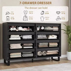 Commode à 8 tiroirs de 140 cm de large, meuble de rangement horizontal indépendant noir pour chambre, salon, couloir et entrée