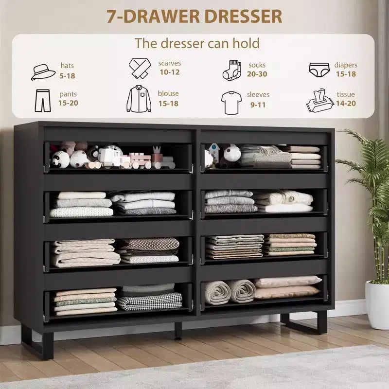 Commode à 8 tiroirs de 140 cm de large, meuble de rangement horizontal indépendant noir pour chambre, salon, couloir et entrée
