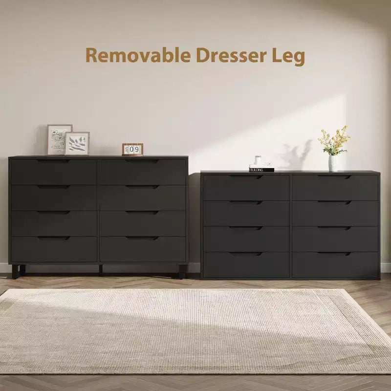 Commode à 8 tiroirs de 140 cm de large, meuble de rangement horizontal indépendant noir pour chambre, salon, couloir et entrée
