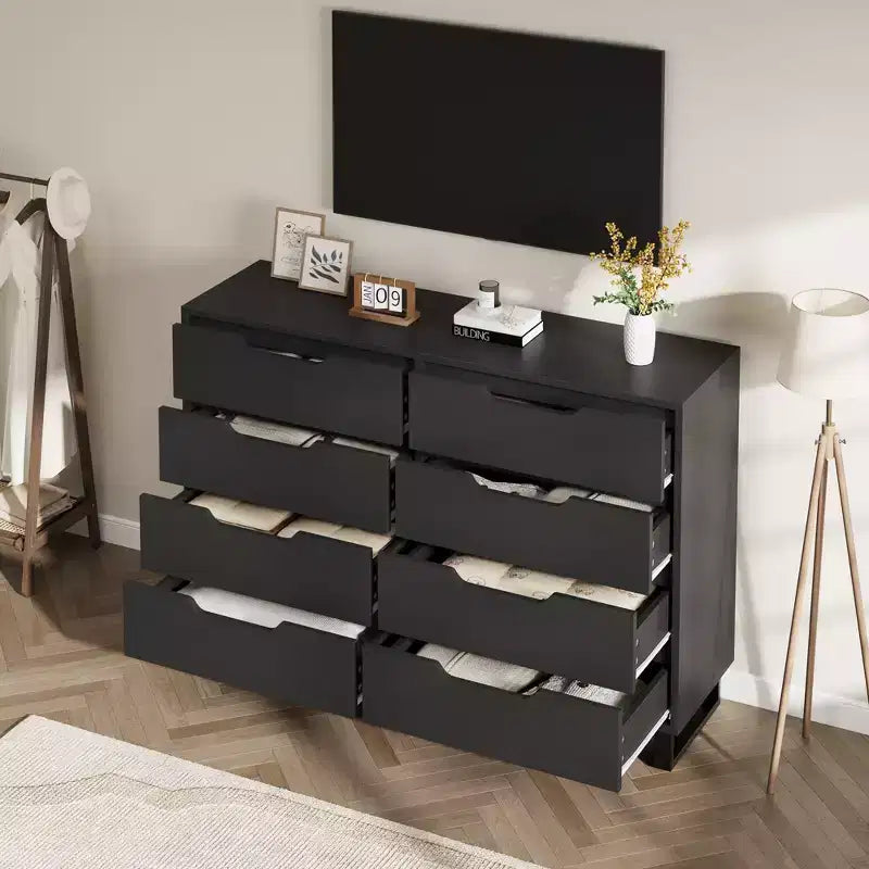 Commode à 8 tiroirs de 140 cm de large, meuble de rangement horizontal indépendant noir pour chambre, salon, couloir et entrée