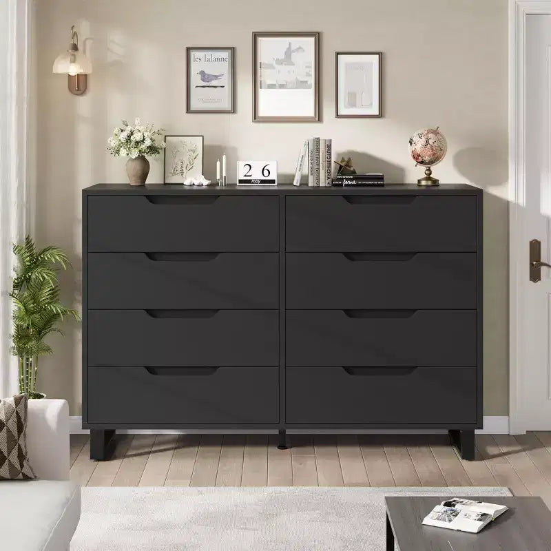 Commode à 8 tiroirs de 140 cm de large, meuble de rangement horizontal indépendant noir pour chambre, salon, couloir et entrée