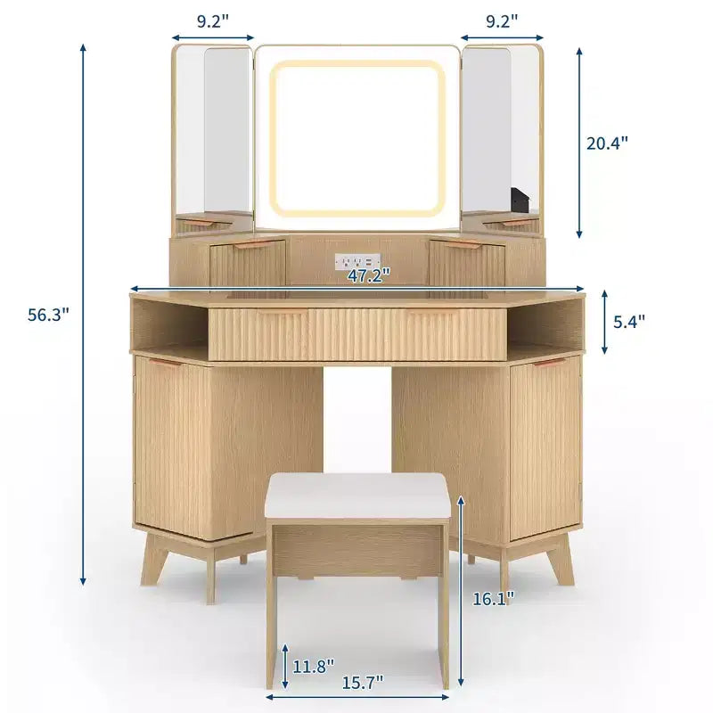 Coiffeuse d'angle en bois naturel, Coiffeuse d'angle avec plateau en verre, Coiffeuse d'angle avec miroir, lumières et chaise