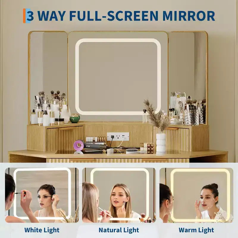 Coiffeuse d'angle en bois naturel, Coiffeuse d'angle avec plateau en verre, Coiffeuse d'angle avec miroir, lumières et chaise