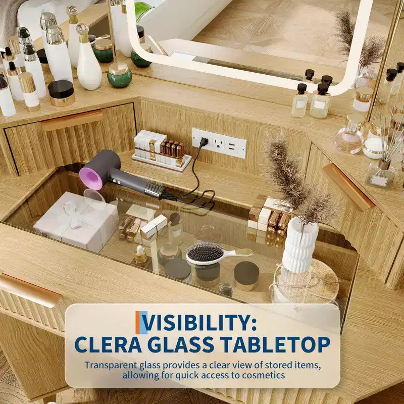 Coiffeuse d'angle en bois naturel, Coiffeuse d'angle avec plateau en verre, Coiffeuse d'angle avec miroir, lumières et chaise