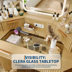 Coiffeuse d'angle en bois naturel, Coiffeuse d'angle avec plateau en verre, Coiffeuse d'angle avec miroir, lumières et chaise