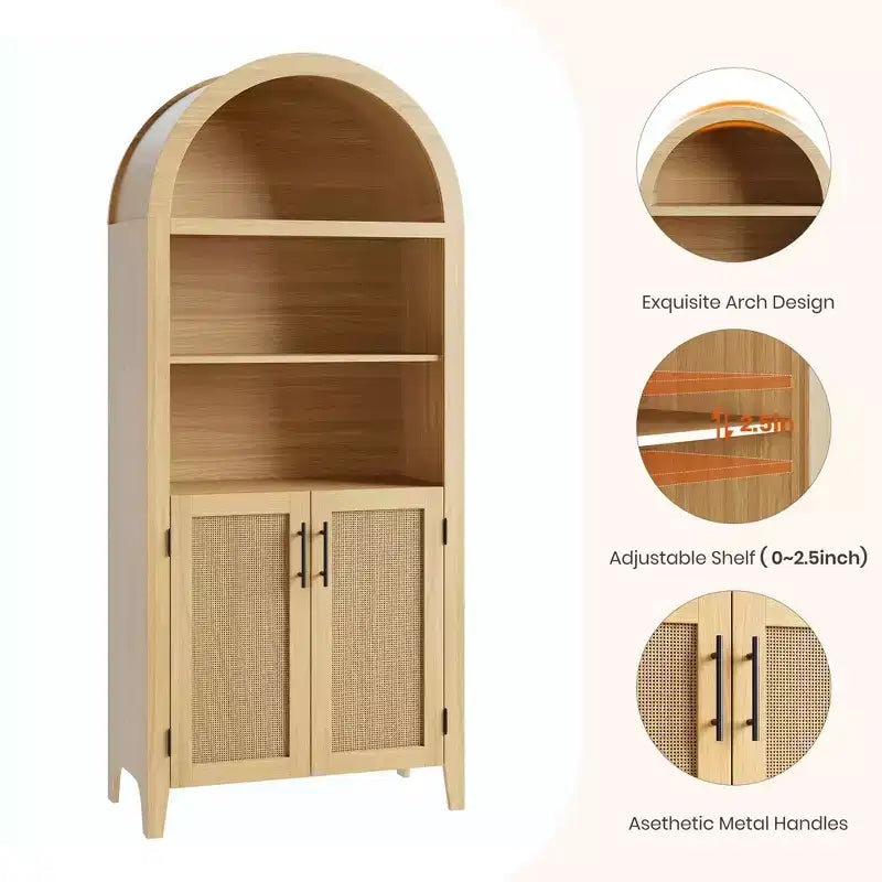 63.2 Bibliothèque arquée avec portes - Étagère de présentation ouverte à 5 niveaux avec décor en rotin, Armoire de rangement bibliothèque moderne pour bureau à domicile, salon, bibliothèque