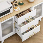 Buffet de rangement 56 po, Buffet avec portes en verre cannelé et poignées dorées, Meuble de bar à café pour cuisine, salle à manger, salon