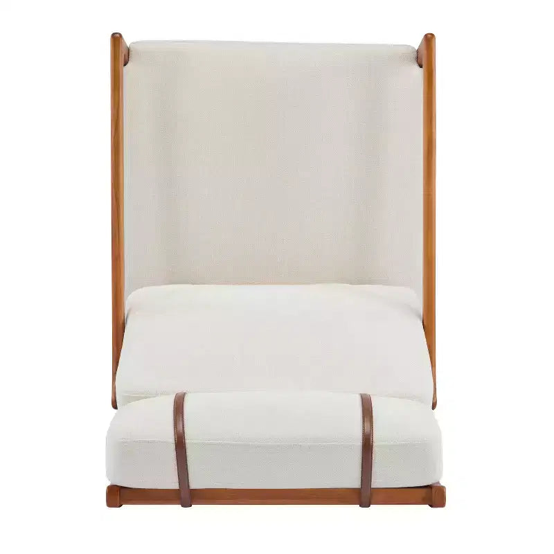 Fauteuil d'appoint moderne du milieu du siècle avec cadre en bois massif et dossier haut, revêtement beige, pour coin lecture