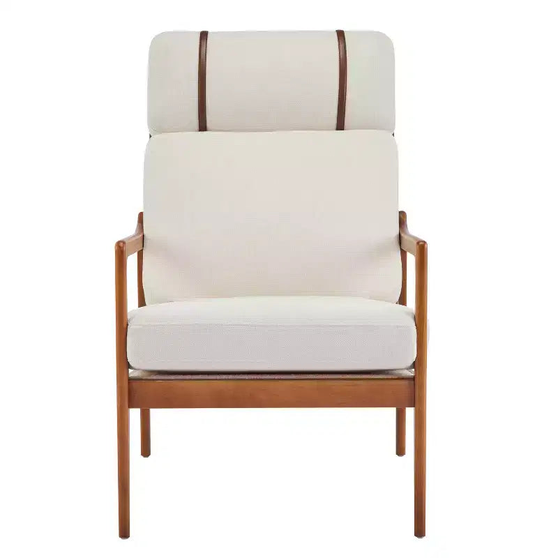 Fauteuil d'appoint moderne du milieu du siècle avec cadre en bois massif et dossier haut, revêtement beige, pour coin lecture