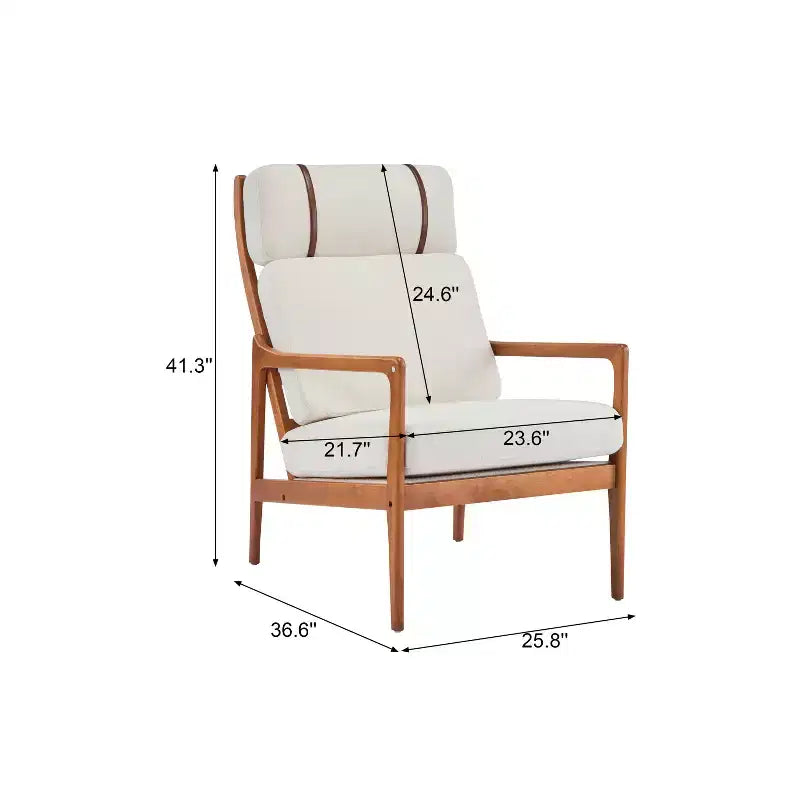 Fauteuil d'appoint moderne du milieu du siècle avec cadre en bois massif et dossier haut, revêtement beige, pour coin lecture