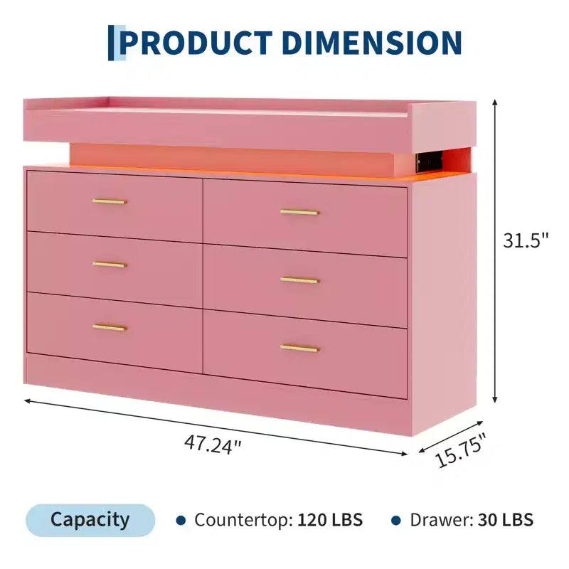 Commode à 6 tiroirs, pour placard, avec lumières LED flottantes et station de charge, armoire de rangement pour chambre à coucher, salon, 120 cm de large