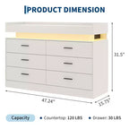 Commode à 6 tiroirs, pour placard, avec lumières LED flottantes et station de charge, armoire de rangement pour chambre à coucher, salon, 120 cm de large