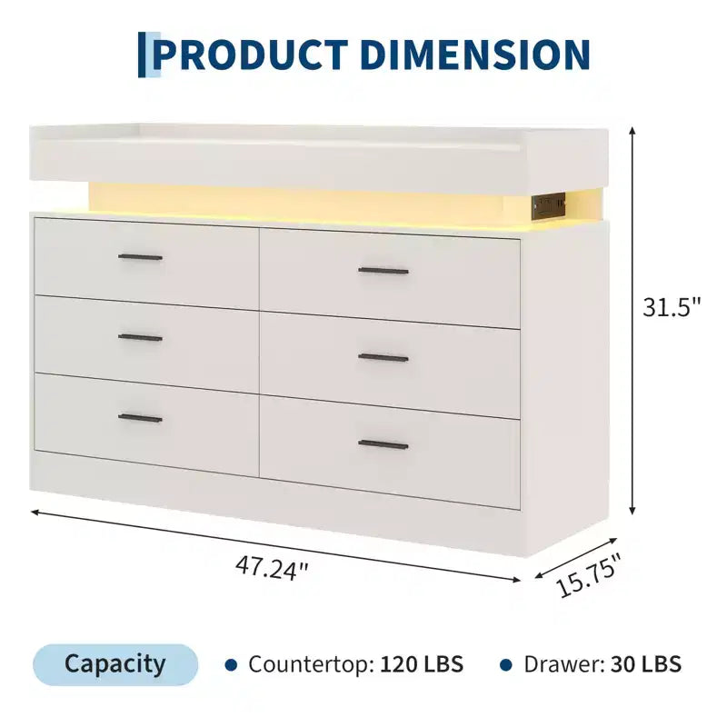 Commode à 6 tiroirs, pour placard, avec lumières LED flottantes et station de charge, armoire de rangement pour chambre à coucher, salon, 120 cm de large
