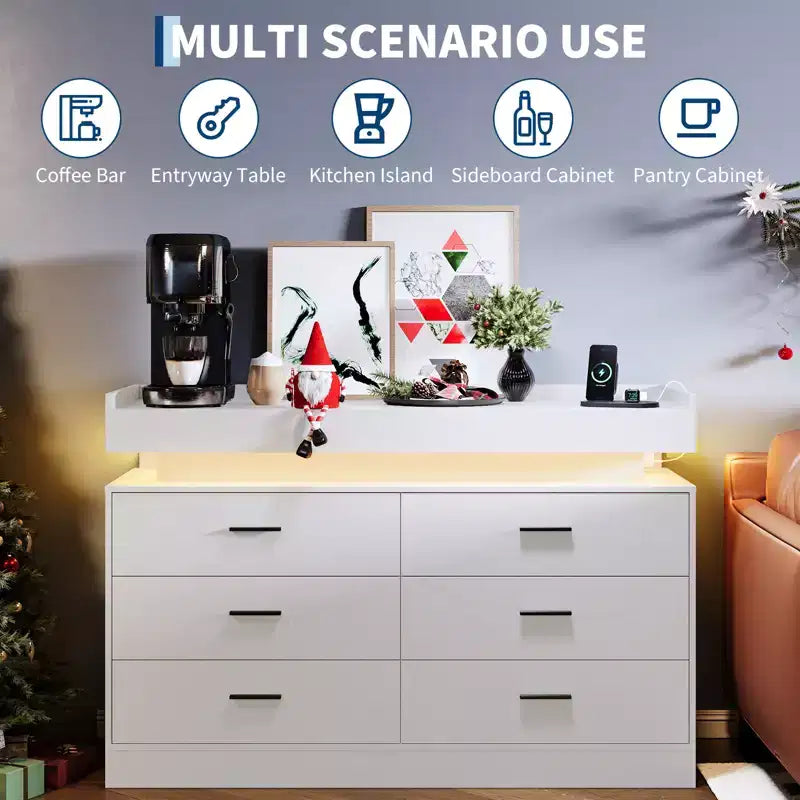 Commode à 6 tiroirs, pour placard, avec lumières LED flottantes et station de charge, armoire de rangement pour chambre à coucher, salon, 120 cm de large