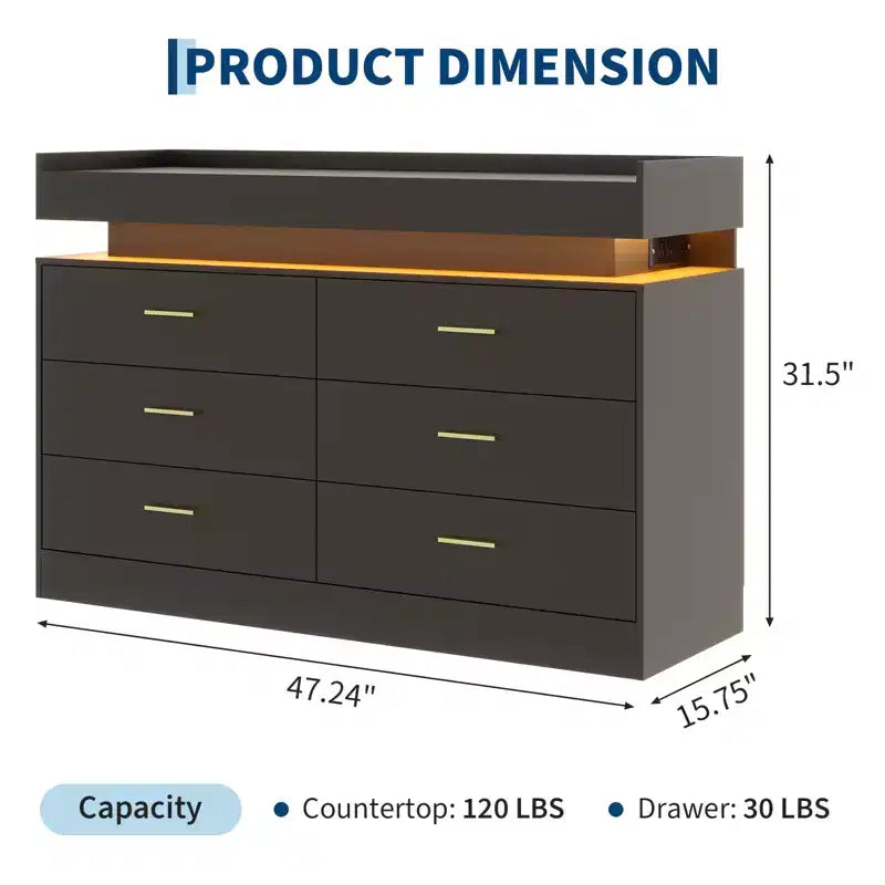 Commode à 6 tiroirs, pour placard, avec lumières LED flottantes et station de charge, armoire de rangement pour chambre à coucher, salon, 120 cm de large