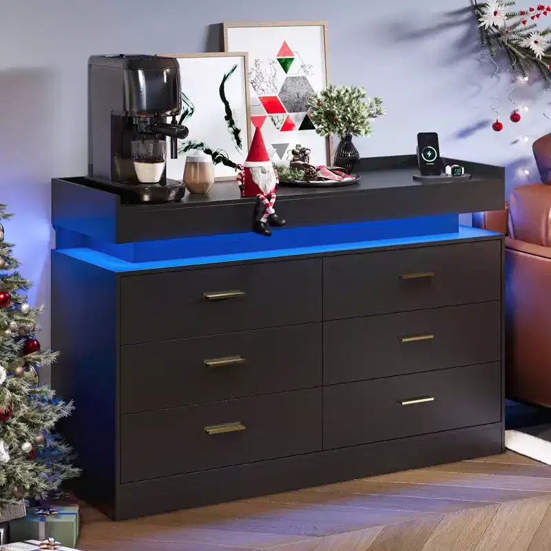 Commode à 6 tiroirs, pour placard, avec lumières LED flottantes et station de charge, armoire de rangement pour chambre à coucher, salon, 120 cm de large