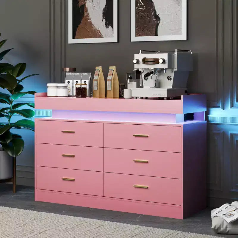 Commode à 6 tiroirs, pour placard, avec lumières LED flottantes et station de charge, armoire de rangement pour chambre à coucher, salon, 120 cm de large