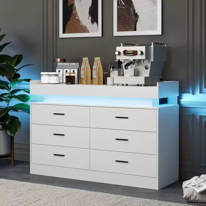 Commode à 6 tiroirs, pour placard, avec lumières LED flottantes et station de charge, armoire de rangement pour chambre à coucher, salon, 120 cm de large