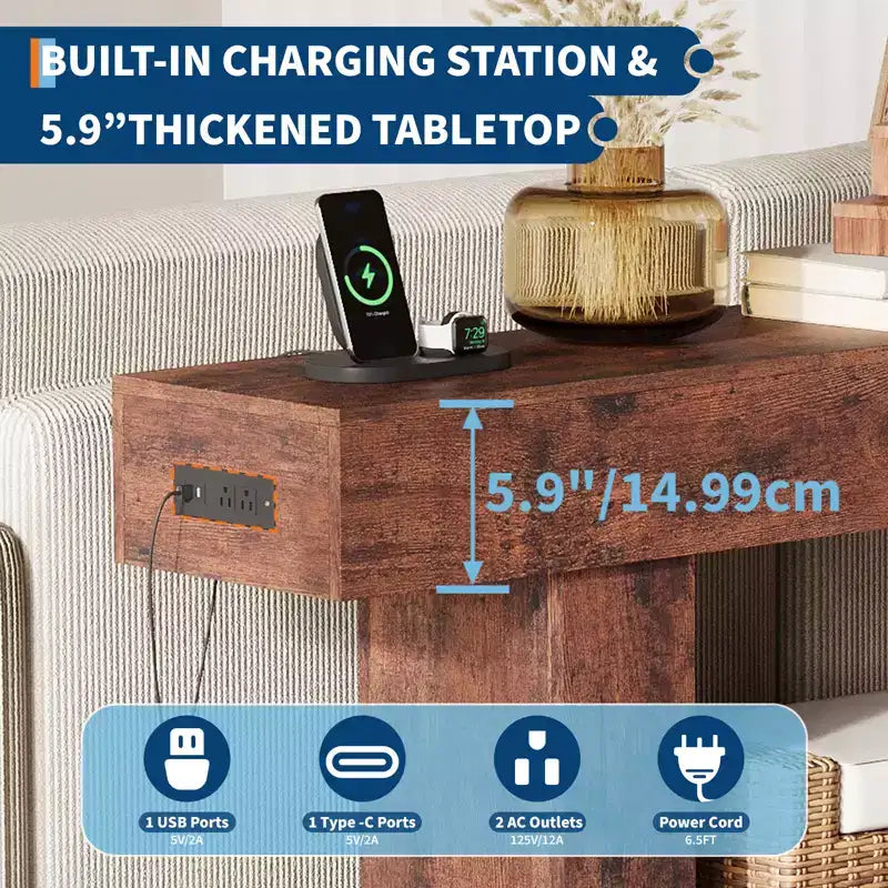 Console étroite à 2 niveaux de 160 cm avec station de charge, table de canapé en bois pour entrée, foyer ou salon, rangement derrière le canapé