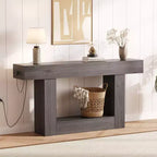 Console étroite à 2 niveaux de 160 cm avec station de charge, table de canapé en bois pour entrée, foyer ou salon, rangement derrière le canapé