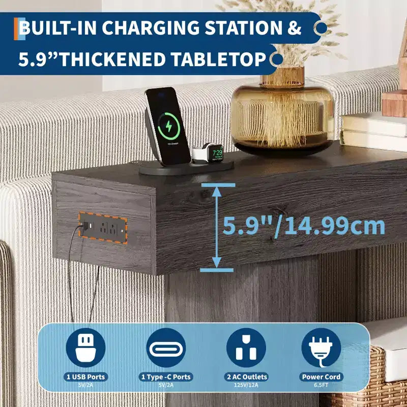 Console étroite à 2 niveaux de 160 cm avec station de charge, table de canapé en bois pour entrée, foyer ou salon, rangement derrière le canapé
