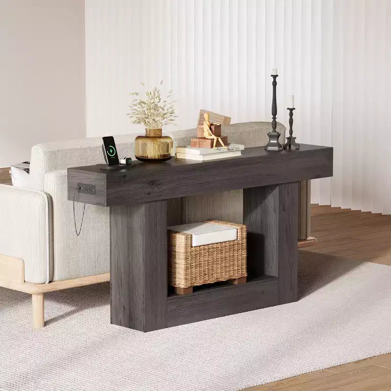 Console étroite à 2 niveaux de 160 cm avec station de charge, table de canapé en bois pour entrée, foyer ou salon, rangement derrière le canapé