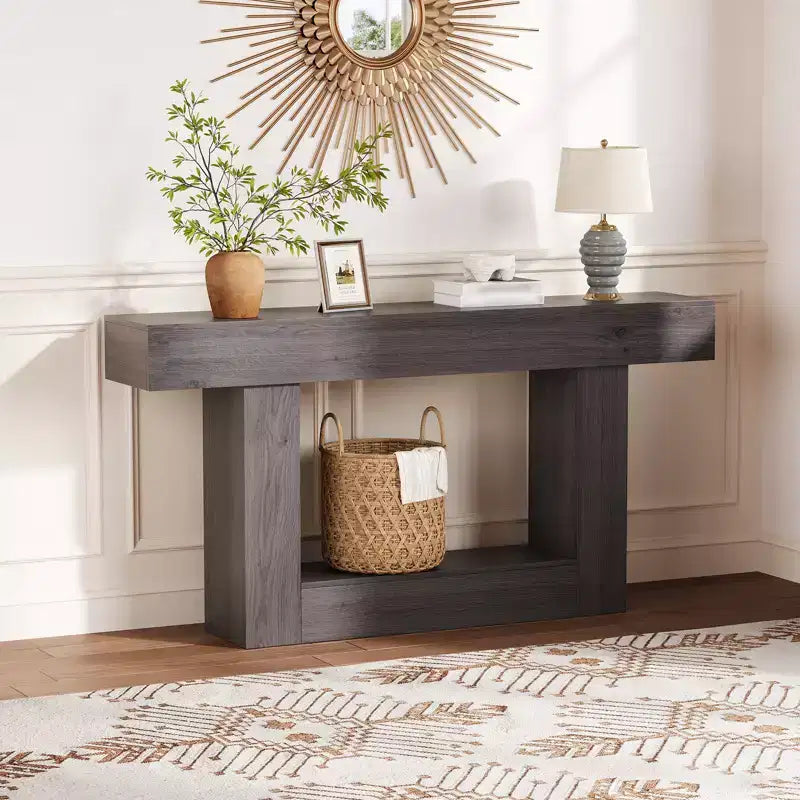 Console étroite à 2 niveaux de 160 cm avec station de charge, table de canapé en bois pour entrée, foyer ou salon, rangement derrière le canapé