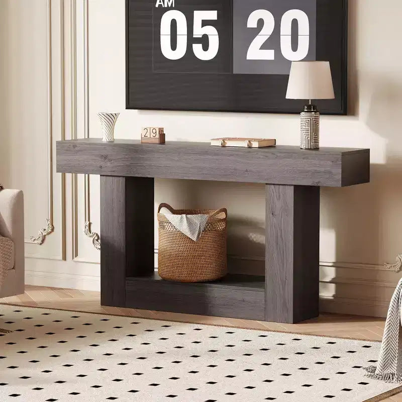 Console étroite à 2 niveaux de 160 cm avec station de charge, table de canapé en bois pour entrée, foyer ou salon, rangement derrière le canapé