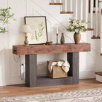 Console étroite à 2 niveaux de 160 cm avec station de charge, table de canapé en bois pour entrée, foyer ou salon, rangement derrière le canapé