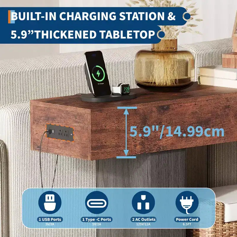 Console étroite à 2 niveaux de 160 cm avec station de charge, table de canapé en bois pour entrée, foyer ou salon, rangement derrière le canapé