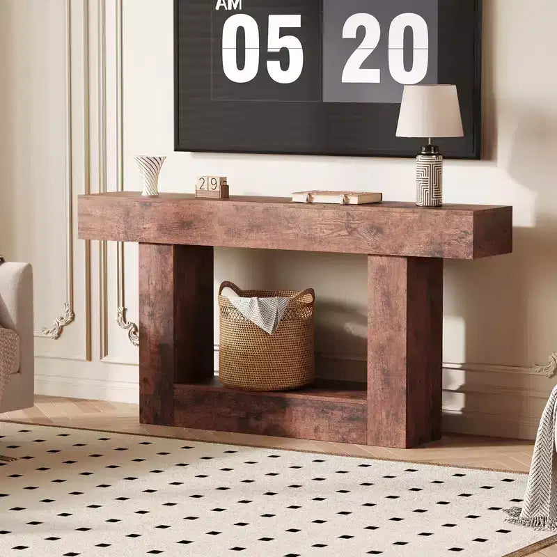 Console étroite à 2 niveaux de 160 cm avec station de charge, table de canapé en bois pour entrée, foyer ou salon, rangement derrière le canapé