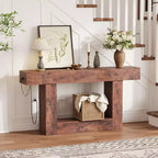 63 Narrow 2-Tier Console Table with Charging Station, Wooden Sofa Table for Entryway, Foyer, or Living Room, Behind Couch Storage