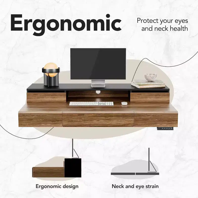 Bureau debout avec tiroirs, bureau électrique réglable en hauteur de 48 pouces avec rangement, bureau assis-debout d'une seule pièce avec étagère pour moniteur