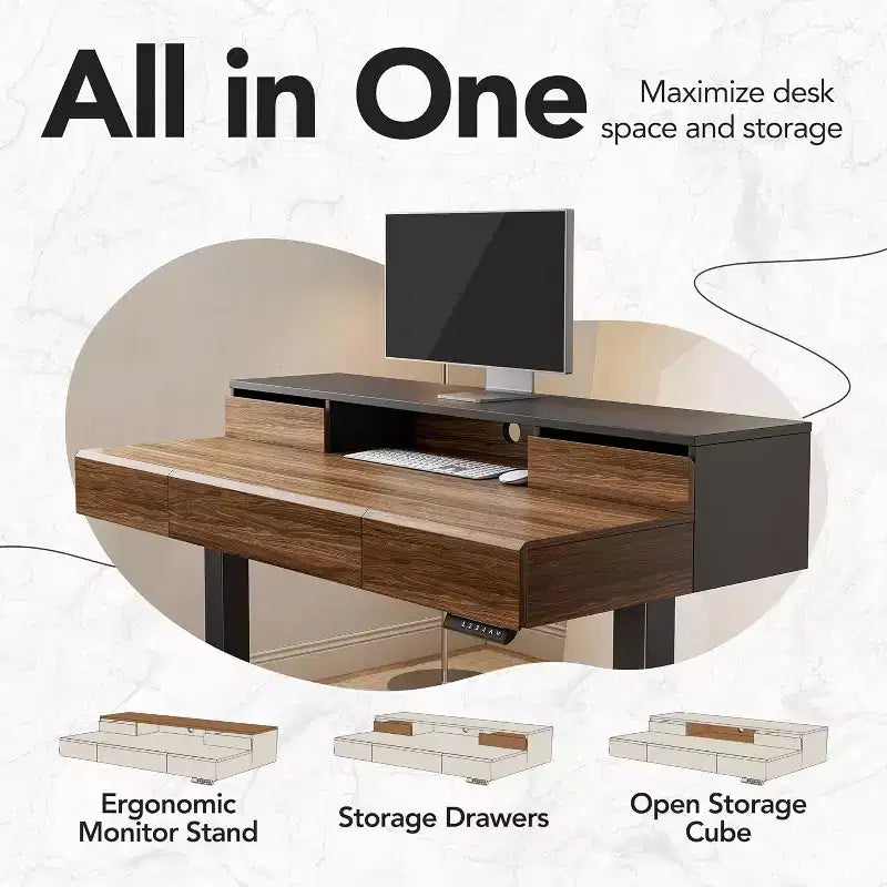 Bureau debout avec tiroirs, bureau électrique réglable en hauteur de 48 pouces avec rangement, bureau assis-debout d'une seule pièce avec étagère pour moniteur
